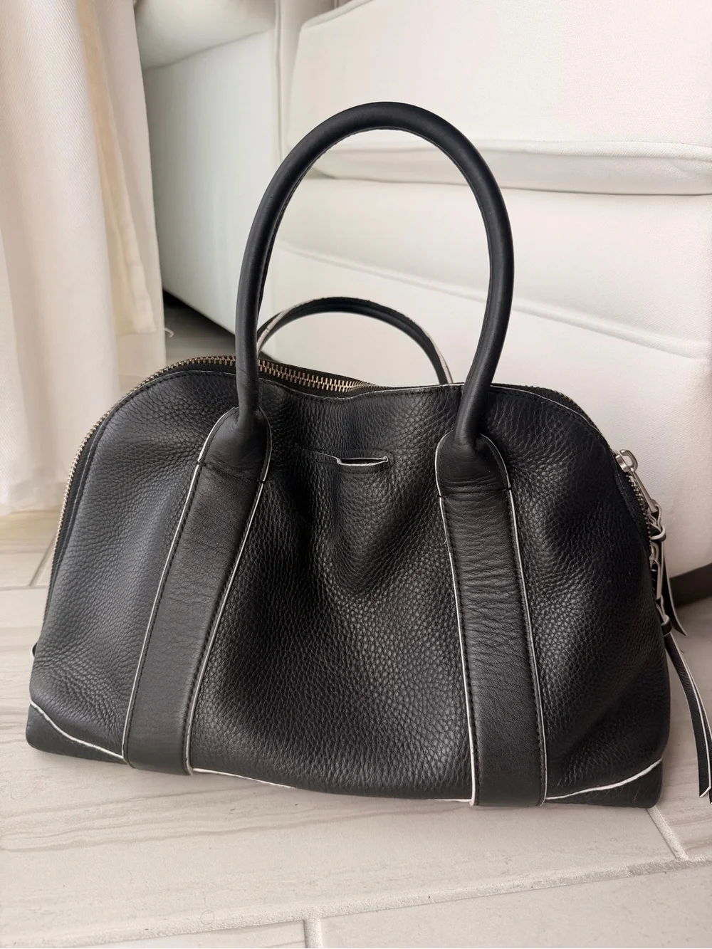 Coach Black Pebbled Leather Duffel with White Trim